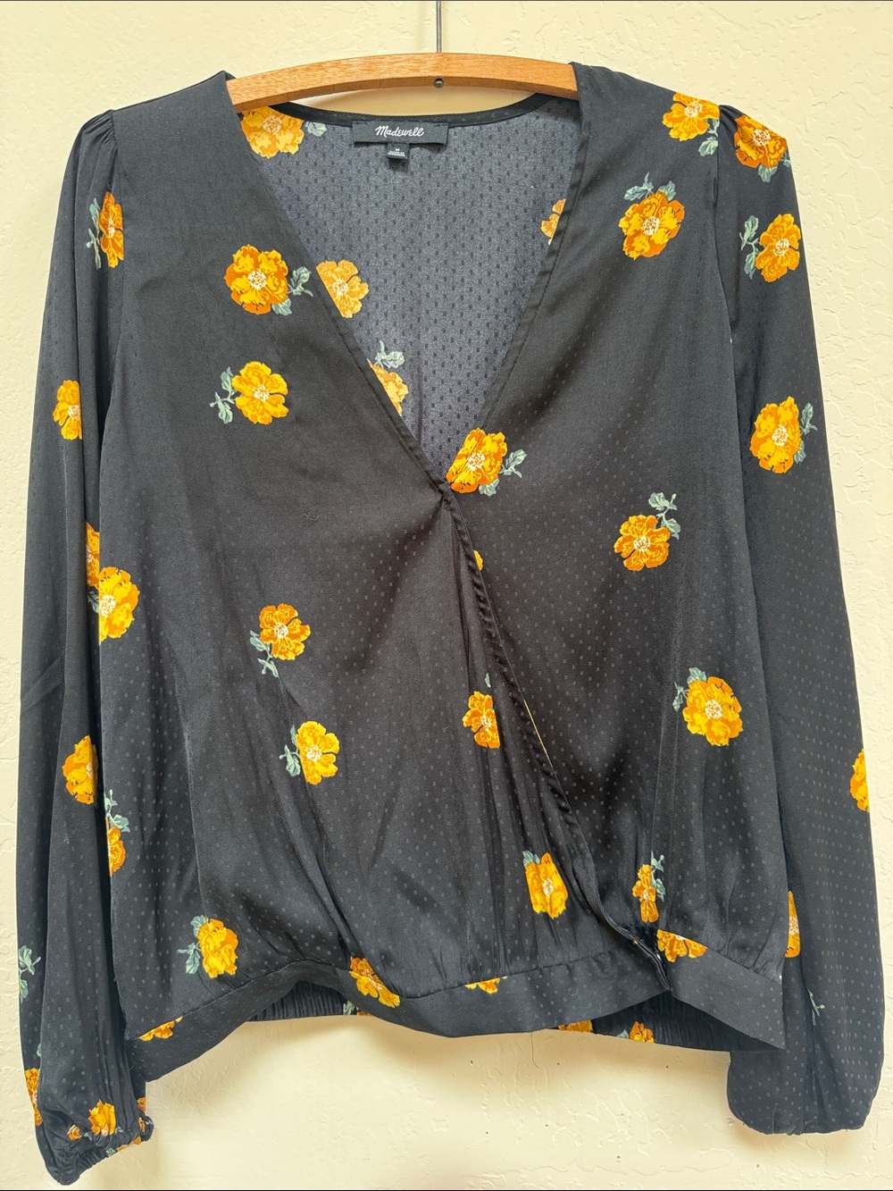 Madewell Black Wrap Blouse with Yellow Floral Print